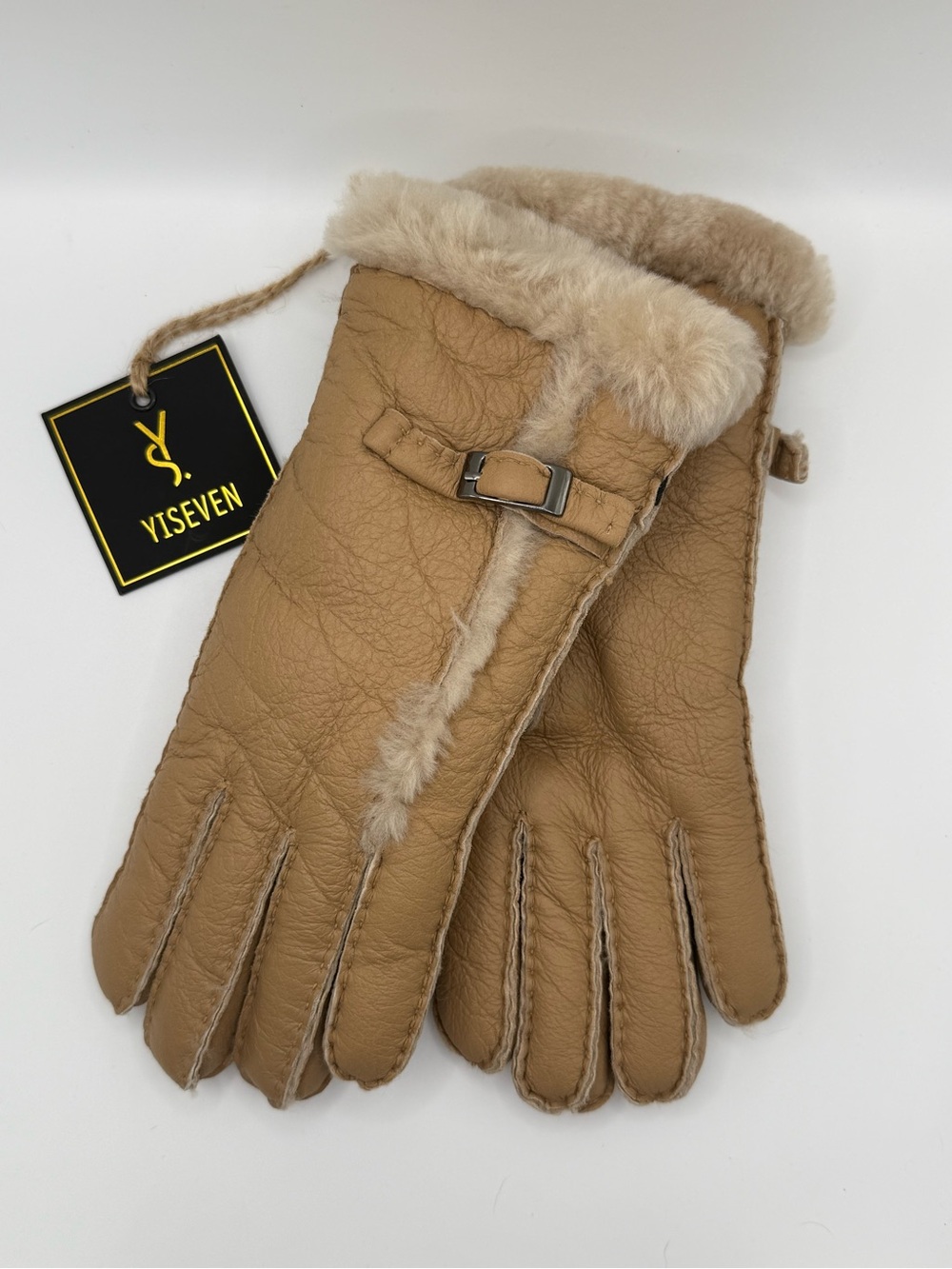 Yiseven Women's Tan Sheepskin Leather Gloves with Shearling Trim